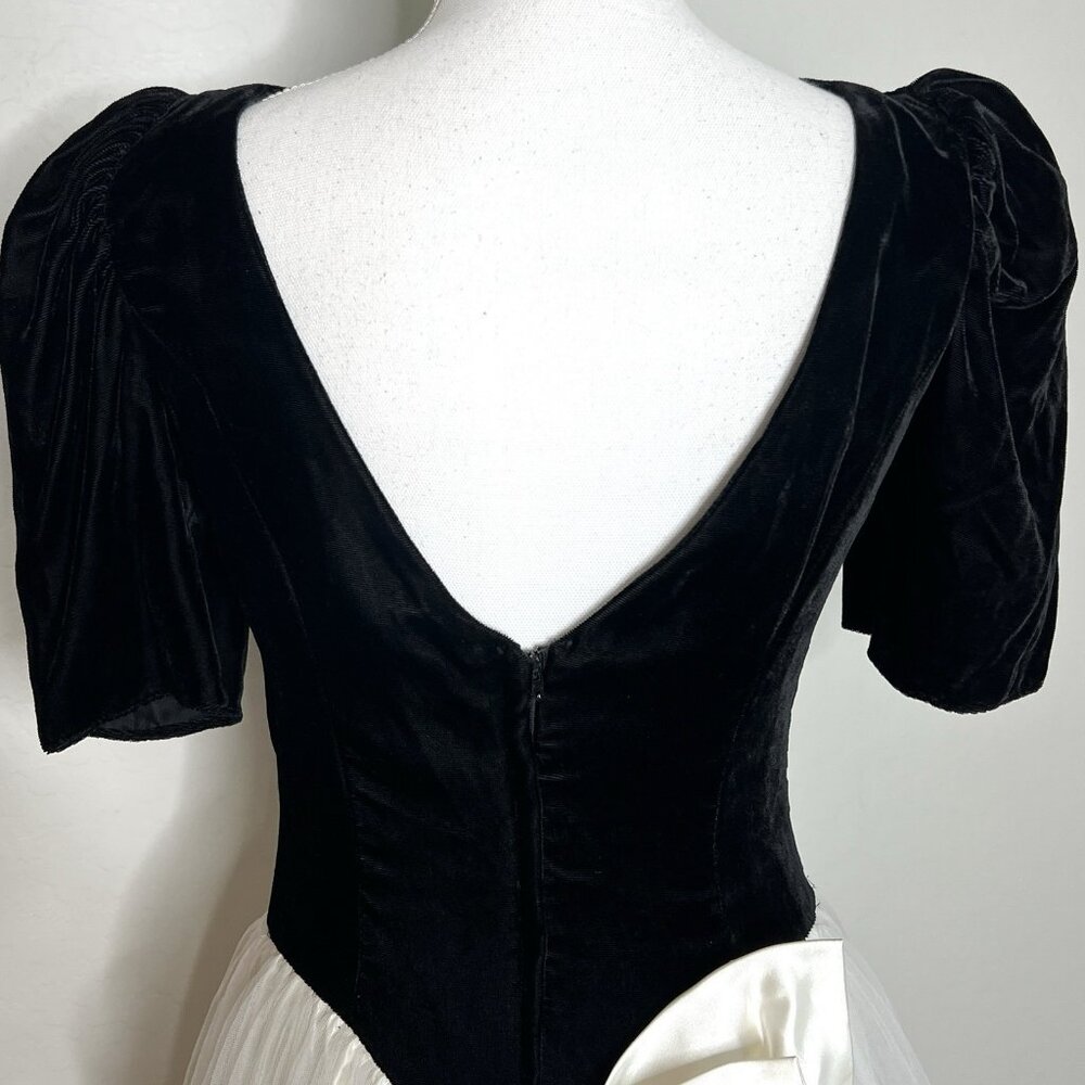 Vintage 1980s Black Velvet Tulle Retro Party Dress Small Puff Sleeve Bow Prom - Picture 4 of 11